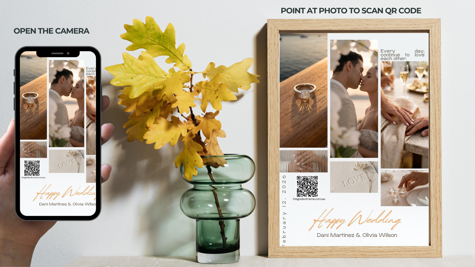 A phone camera scanning a framed wedding photo to play it in augmented reality